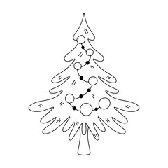 Illustration with festive Christmas tree on a white isolated background. Vector clip art in doodle style for cards, posters.