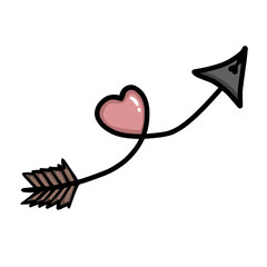 Love arrow. Hand drawn vector illustration of arrow with heart doodle. Design for valentines, romantic, wedding cards, invitations, backgrounds.
