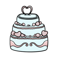 Wedding doodle cake. Hand drawn cute decorative festive vector three tiered cake illustration. Design for a bakery icon, logo, wedding invitation, greeting cards.