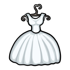 Wedding dress on a hanger. Hand drawn vector doodle of a wedding white dress on a hanger, isolated on a transparent background. Design for a pretty wedding greeting cards, invitations, map.