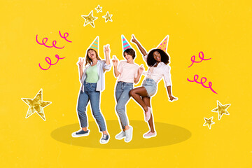 Creative 3d photo artwork graphics painting of smiling happy ladies showing v-sign birthday celebration isolated drawing background