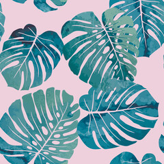 Leaves of plant Monstera on pink background. Palm leaf pattern. Tropical palm wallpaper. Vector seamless pattern.