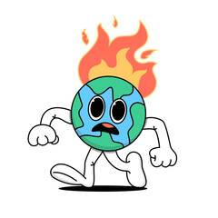 Cartoon planet Earth in fear runs from the fire. The concept of the problem of global warming, care for the ecology. Doodle style. Stock vector illustration of planet earth. Isolated white background.
