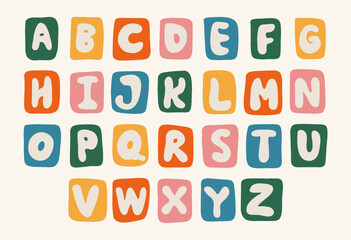 Quirky colorful groovy typeface in a square, retro style, children's typeface. Ideal for posters, collages, clothing, music albums and more.