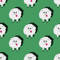 Seamless pattern with sheep and lamb with beautiful pink flower in the mouth on green background. 3d bacdrop with domestic animal. Cut out print for children bed linen and wallpaper for baby room.