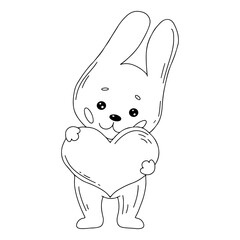 Adorable rabbit holding big heart. Cute baby bunny. Hand drawing style for greeting card, party invitation, fashion clothes print, For Valentine's Day. Vector Illustration.