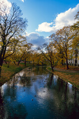 Portrait of the city canal during autumn. A colorful view of the canal