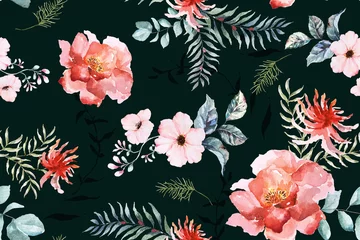Fotobehang Rose seamless pattern with watercolor on green background.Designed for fabric luxurious and wallpaper, vintage style.Hand drawn floral pattern illustration.Rose garden.Pink flower bouquet. © joy8046