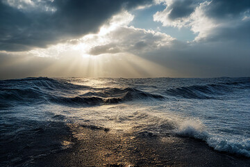 Ocean Waves with horizon and sunbeams