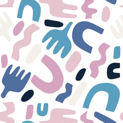 Abstract geometric pattern with ovals, arches, combs in blue, pink, black and white.