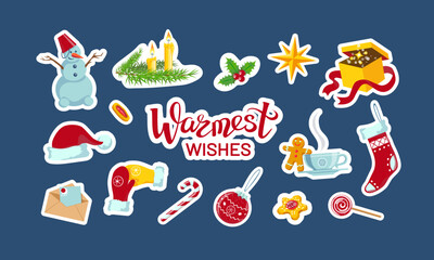 Warmest wishes, set of New Year and Christmas stickers