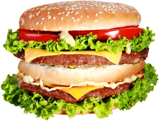Tasty hamburger on white background, menu for cafe and fast-food restaurant