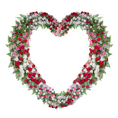 Heart shaped foral wedding arch garland with colorful roses flowers and tropical fern leaves