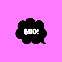 Black speech bubble with boo lettering isolated on pink background. Vector illustration