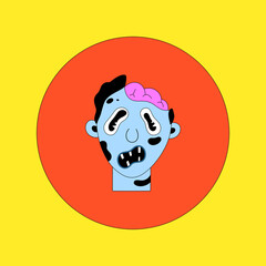 Zombie. Halloween spooky cartoon character in circle on yellow background. Flat style with black outline. Posrer, postcard, print on clothes. Vector illustration