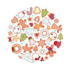Vector. Christmas gingerbread. Round illustration. New Year, Christmas, holidays.