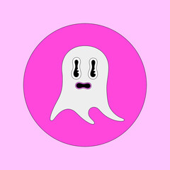 Ghost. Halloween spooky cartoon character in circle on pink background. Flat style with black outline. Posrer, postcard, print on clothes. Vector illustration