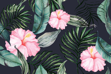 Seamless pattern palm and hibiscus drawing
watercolor.Tropical vintage palm trees for design fabric patterns and wallpapers.Patterns botanical for summer.