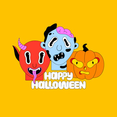 Halloween holiday. Colorful spooky fantasy characters on yellow background. Zombie, pumpkin, demon. Lettering. Cartoon scary portraits. Poster, print on clothes, postcard