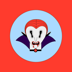 Vampire. Halloween spooky cartoon character in circke on red background. Flat style with black outline. Posrer, postcard, print on clothes. Vector illustration