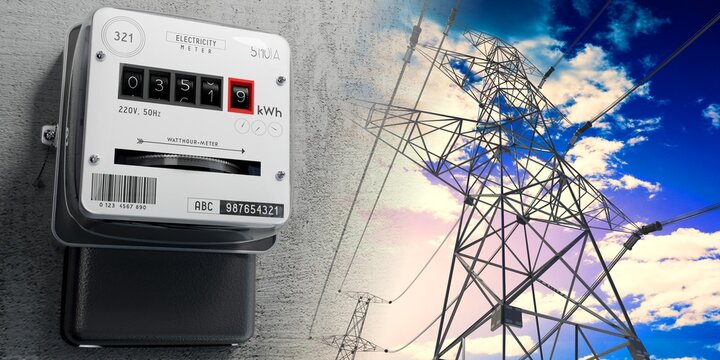 Electricity meter and pylons with cables - 3D illustration
