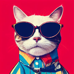 Hipster Cute Pop Art Cat Illustration Generative AI