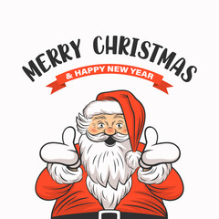 Merry Christmas Card with Happy Santa Claus in Retro Cartoon Comic Style. Confused, Confused, Inquiring, Telling, Asking Santa Character. Merry Christmas and Happy New Year Holiday Greeting Card