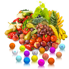  fruits and trace elements in the form of balls with the designation of a trace element on a white background. 3D-rendering