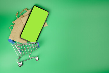 add to cart and shopping from home with flat lay shopping object and activity on green screen...