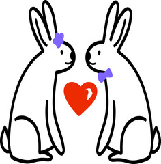 cute hand drawn bunny couple in love,doodle clip art with girl and boy rabbit and red heart between,print for wedding decor,cover design,logo,web icon,sticker,tattoo illustration