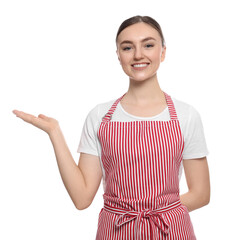 Beautiful young woman in clean striped apron on white background