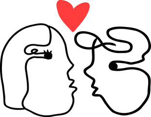 Continuous line art illustration of couple in love,fashion print with abstract man and woman face,modern design for Valentine's postcard,minimalistic style portrait,one line vector drawing