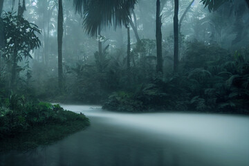 Obraz premium Mystery Deep Forest with River and Fog Background Image