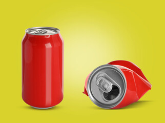 Whole and crumpled aluminum cans on yellow background