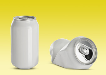 Whole and crumpled aluminum cans on color background