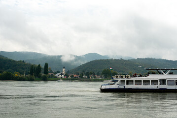 Town of Visegrad and ferry terminal . View from Nagymaros, Danube Bend. The Danube River.