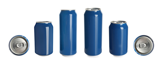 Set with aluminum beverage cans on white background. Banner design
