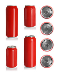 Set with aluminum beverage cans on white background