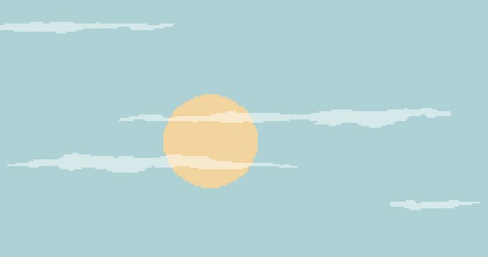 Pixel animation. Sun, sky and clouds animation. Pixel background video, old school style 8 bit. For video game and other projects. 