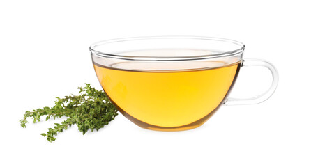 Cup of aromatic herbal tea and fresh thyme isolated on white