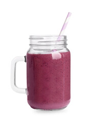 Mason jar of tasty blackberry smoothie on white background