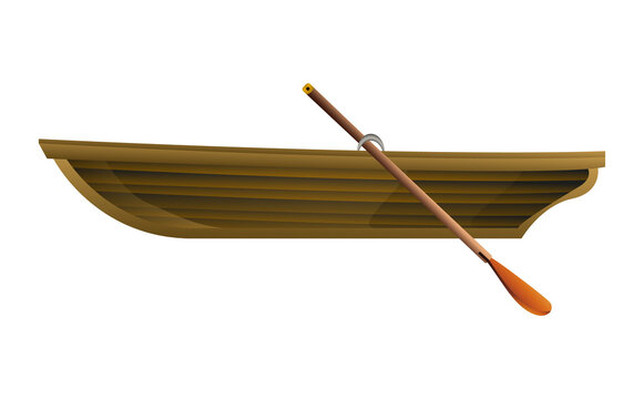 Wooden boat in realistic style. Boat with Oars. Outline PNG illustration.