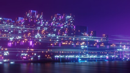 Fototapeta na wymiar 3d render of Cyber punk night city landscape concept. Light glowing on dark scene. Night life. Technology network for 5g. Beyond generation and futuristic of Sci-Fi Capital city and building scene.