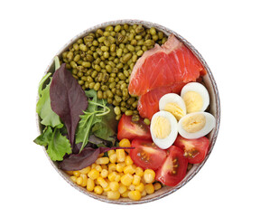 Bowl of salad with mung beans isolated on white, top view