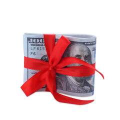 Dollar banknotes with red ribbon isolated on white