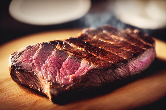 15-08-2022 Riga, Latvia A Steak On A Cutting Board With Smoke Coming Out Of It, A Beef Steak Is Cut Up On A Wood Board.