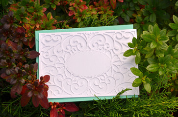 White openwork blank card with green envelope on red and green leaves of natural decorative shrub background  . Outdoors photo ,top view, flat lay. Any holiday greeting or invitation concept.