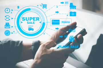 Man hand using mobile phone shopping online on flash sale and super sale day, business concept.