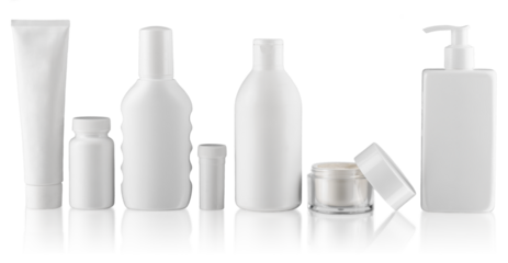 collection of  various beauty hygiene containers on white background. each one is shot separately