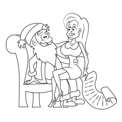 Сoloring book. Sexy blonde sits on Santa Claus' lap with big wish list. Jolly Santa and the cute girl celebrate Christmas. Vector illustration. Black and white.